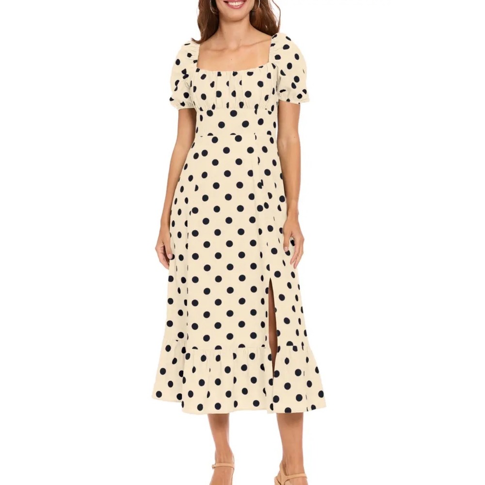 London Times Polka Dot Midi Dress Cream Black Puff Sleeve Square Neck Size 10